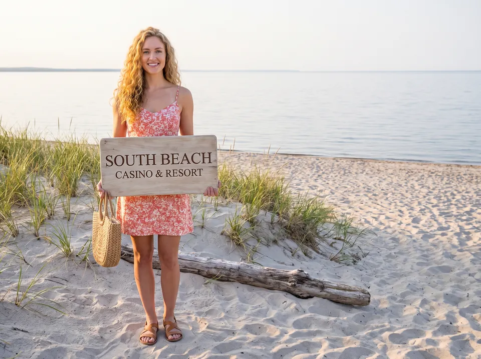 Brooke Halvorsen, the guide's host, a character with long golden-blonde curls in a coral and white floral mini dress, stands on a pale sandy beach by a calm lake holding a driftwood board that reads South Beach Casino & Resort