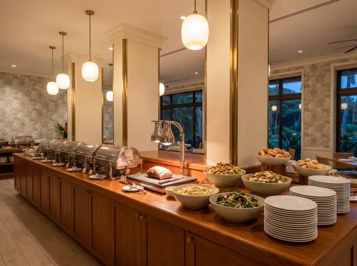 A buffet counter with steel chafing dishes, a carving station, salads and stacked plates under warm lights