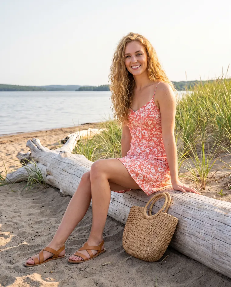 Brooke Halvorsen, the guide's host, sits on a bleached driftwood log on a sandy lake shore, smiling, a woven bag beside her